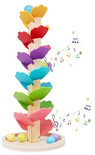 Jonuin Music Tree Wooden Marble Run, Montessori Sound Tree with1 Base, 4 Balls, 6 Colors, Ball Drop Toy, Colorful Rolling Ball Tower, Rainbow Ball Tower for Girls and Boys