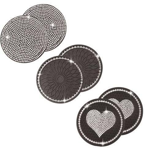 ZEMINRI 6 PCS Car Coasters 2.75inch Car Accessories Silicone Coasters | Universal Anti Slip Cars Essentials Insert Cup Mats with Bling Rhinestone for Cars Homes Boats (Black)