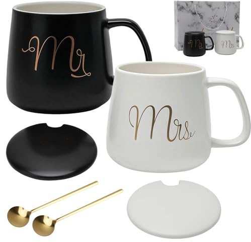 Mr Mrs Kaffeetassen 2 Stück, Keramikbecher Kaffeebecher mit Löffeln für Kaffee Tee Wasser, Tassen Geschenk für Valentinstag Hochzeitstag Brautdusche Verlobung Weihnachts