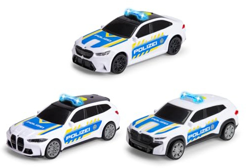 Dickie Toys – BMW Police Cars 1:36 (15 cm), Polizeiauto für Kinder ab 3 Jahren, Friktion, Licht und Sound, Try Me, offizielle BMW Lizenz, 3-Fach Sortiert, zufällige Auswahl
