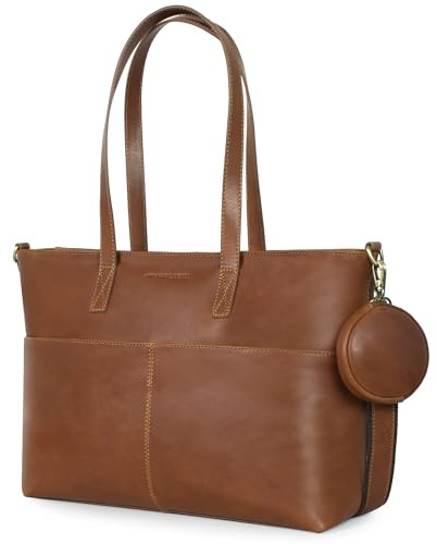 Marc Peter® Vintage Arbeitstasche Sarah, Große Umhängetasche aus Leder, Schultertasche mit 14 Laptopfach, Handtasche für Damen - Braun