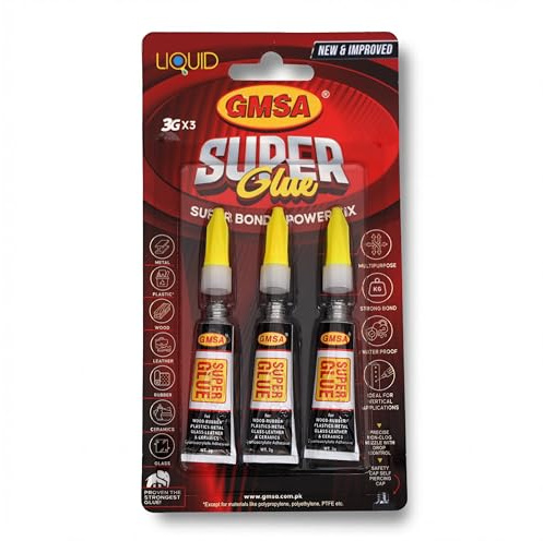 GMSA SuperGlue - 3g Fastest & Toughest Adhesive Instant Repair Super Glue All Purpose - Strong Super glue for Hard Plastic, Rubber, Metal, Leather, Ceramics, Wood, DIY Craft & as Shoe Glue (3)