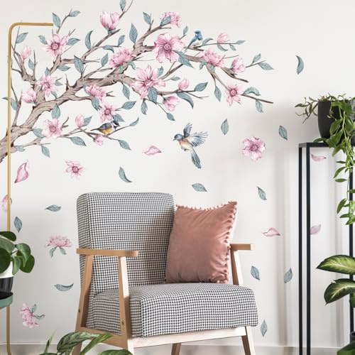 WandSticker4U®- [Pastellfarben] Wandtattoo groß Kirschblüte Rosa Baum Ast XXL (120x100 cm) I Wandaufkleber hängende Blumen Blüten Vögel auf Baum I Wandsticker Schlafzimmer Wohnzimmer Wanddeko Küche
