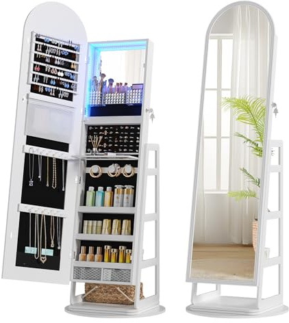TAGELIER Schmuckschrank mit LED Spiegel, 360° drehbar, Weiß | Abschließbar, Schmuckhalter Organizer mit Bogen Ganzkörperspiegel, Stehendes Schmuckkabinett, Hinteren Regalen & Haken