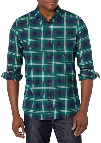 Amazon Essentials Men's Slim-Fit Long-Sleeved Button-Down Plaid Flannel Shirt, Green Navy Plaid, M
