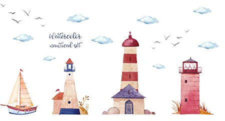 ufengke Wandtattoo Leuchttürme Strand Wandsticker Wandaufkleber Segelboot Nautisch Für Kinderzimmer Wand Himmel Baby