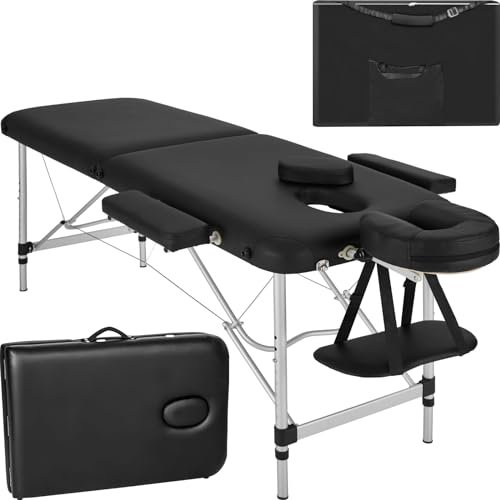 TecTake® Lettino Massaggio 2 Zone, Portatile, Regolabile, Imbottitura Comfort, Poggiatesta Multifunzione, con Borsa per Trasporto Inclusa, Capacità 230 kg - Nero
