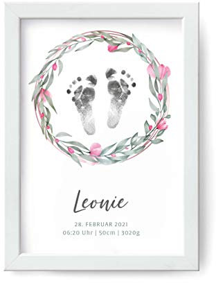 Personalisiertes Geburtsposter FUSSABDRUCK Din A4 mit Geburtsdaten | Geburtsbild Geburtsanzeige Geschenk zur Geburt oder Taufe Babygeschenk Babyandenken für Mädchen und Jungen (Fußabdruck Grün-Rosa)
