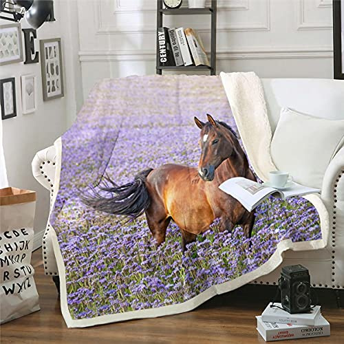 3D Horse Sherpa Blanket Lavender Galloping Horses Fleece Throw Blanket for Kids Boys Brown Wild Animal Plush Blanket Wildlife Farmhorse Farmhorse for Sofa Bed,Single 50x60 Inch
