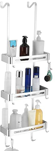 MOGFCT Organizador de ducha para baño, organizador de ducha para colgar sobre la puerta, estante de ducha de aluminio a prueba de óxido, estante de cesta con gancho(Plateado)