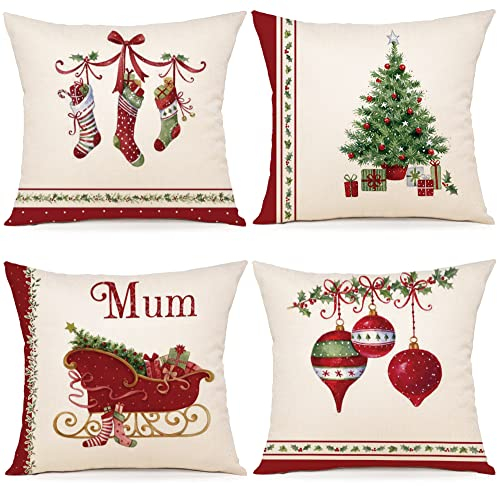 ZWJD Kissenbezug Weihnachten 50x50 4er Set Kissenbezüge Dekokissen Leinen Kissenhüllen für Deko Weihnachten Sofa Schlafzimmer Couch Kissenbezug 50x50 cm