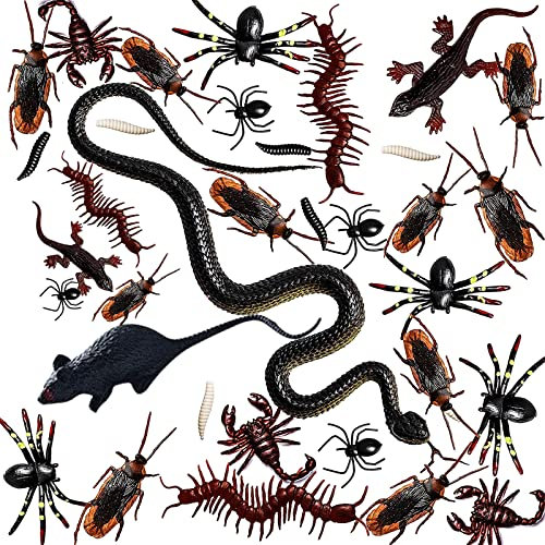 LONTG 160Pcs Halloween Plastic Realistic Bugs and Insects Figures Scary Black Worms Scorpions Centipedes Geckos Cockroaches Spider Mouse Fake Snake for Halloween Party Favors Trick Joke Decoration
