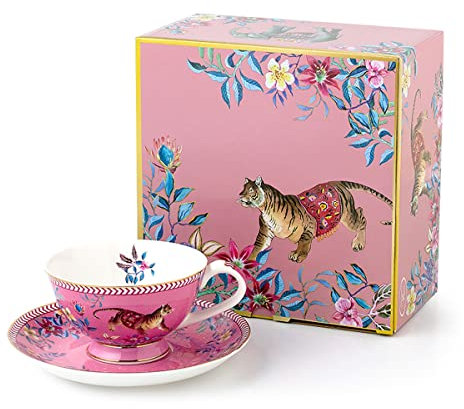 Eplze Tiger in The Jungle Pattern Ceramic Tea Cup with Saucer, Bone China Teacup for Afternoon Tea or Home Décor- Pink (Cup and Saucer Set)