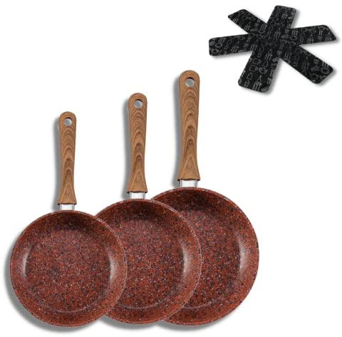 Venteo Lot 3 poêles Granit avec 3 protèges poêles Copper Stone Pan - Antiadhésive - Anti-Rayures - Tous type de Feux