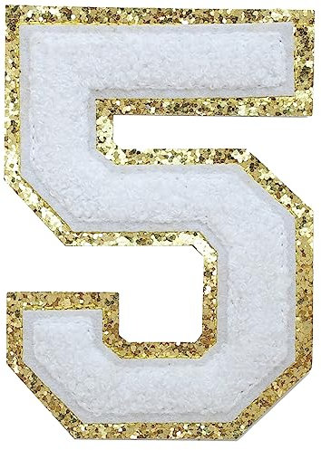 GYGYL 3PCS Chenille Varsity Glitters Numbers Patch, Iron on Large Size Number Patches for Team Costume Decoration, Height 4-1/2In, Number 5