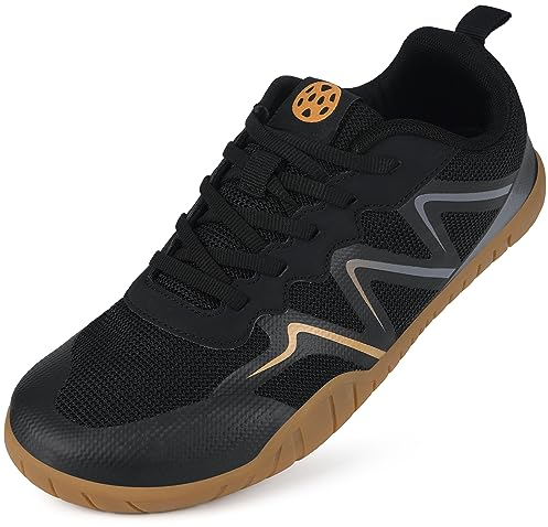 Damen Herren Barfußschuhe Traillaufschuhe Minimalistische Fitnessschuhe mit Zero-Drop Solhe Atmungsaktive Zehenschuhe Barfuss Schuhe Barfuß Sneaker Winter Minimalschuhe Laufschuhe,Schwarz Gold,42 EU