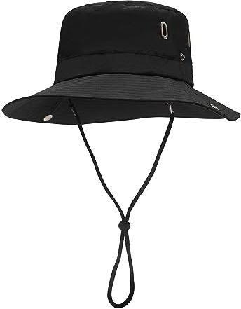 ZLYC Herren Camouflage Sonnenhut Safari Hut Mesh Outdoorhut Boonie Hut(8cm Krempe Solid Schwarz)