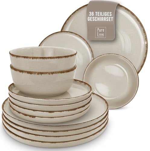 Vajillas para 12 Personas, Set de Steingut Rustic de 36 Piezas - Diseño Rústico y Moderno, Apto para Lavavajillas - Juego de Platos y Cuencos - Vajilla Pure Living en Color beige