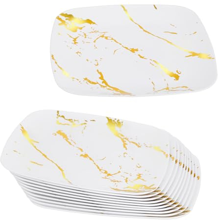 10-Pack 8.5 Hard Plastic Square Plates | 21.6cm Elegant White Plates with Gold Marble Design | Ideal for Parties, Weddings, and Christmas Events | Reusable, Lightweight Dinnerware Set