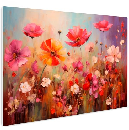 HEALANCY Bilder Blumen - KOMPLETT AUFHÄNGFERTIG - Wandbilder Wohnzimmer - Deko Modern - Schlafzimmer - Room Decoration - Kunstdruck Wanddeko Küche - Gemälde Mohnblumen Natur Wiese