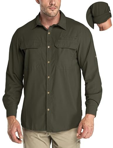 33,000ft Men's Long Sleeve Shirts UV Protection Safari Button-Down Shirt Breathable Wicking Quick Drying Outdoor Top with Pockets for Hiking Fishing Golfing,Green L