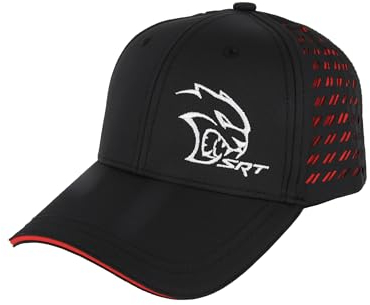 Dodge SRT Hellcat Mütze mit gesticktem Logo, Performance-Style, mittelgroßes Profil, lasergeschnitten, Rhombus, 6 Paneele, strukturiertes Rhombus-Logo, Drop-Tag und Klettverschluss, Schwarz/Rot,