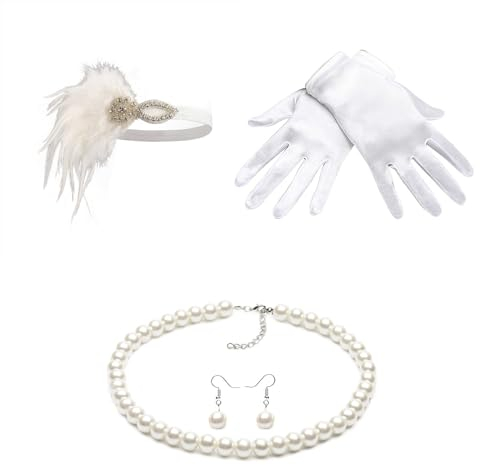 Whakano 20er Jahre Accessoires,4 Stück 1920er Mode Stirnband,1920 Zubehör Set,Perlenkette Ohrringe Handschuhe für Damen,Great Gatsby Accessoires für Frauen Halloween Weihnachten,Weiß