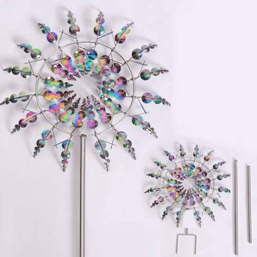 SENIURIS 3D Metall Sonnenblumen Windmühle, Magischer Wind Dynamics Spinner, Kinetische Windmühle mit Zwei Rotoren Einzigartig, Garten Outdoor Rasen Wetterfahne Yard Décor. (Bunt)