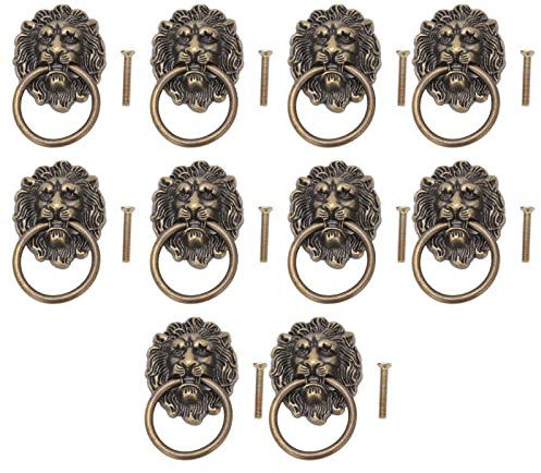 ChengyuWei 10 Stück Löwenkopf-Knöpfe, Löwenkopf-Knauf-Zuggriff, Antik-Bronze-Ring-Zuggriffe, Möbelgriffe, Vintage-Knöpfe in spezieller Tierkopfform, für Schubladen, Schmuckschatullen