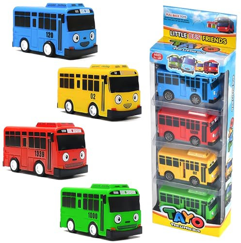 4 Stück Mini Bus Spielzeug Plastik Kinderidee Mini Bus Autos Big Pull Back Spielzeugautos Mit Lenkung und Türöffnung Modell Geeignet für Partys, Kuchendekoration