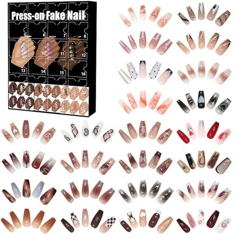 Adventskalender für Press- -Nägel 2024, Beauty-Nägel-Adventskalender, 24-tägiger Countdown-Kalender für künstliche Nägel mit 24 Sets Press- -Nägeln für Frauen, Weihnachtsgeschenke für Nägel