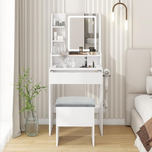 YOURLITE Dressing Table with LED Lights, 3 Light Colors, Adjustable Brightness, Vanity Desk with Mirror and Drawers, Makeup Desk with Cushioned Storage Stool Charging Station for Bedroom