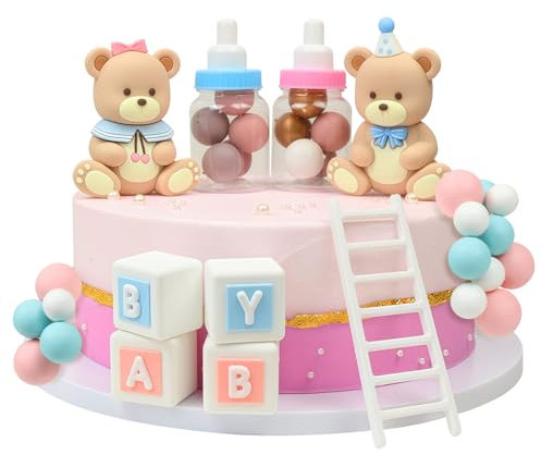 LARDUX 29 PCS Baby Shower Cake Decorations-Bear Cake Decoration DIY Cake Balls Decoration for Baby Boy Girl Birthday Party Gender Reveal Bear Baby Shower Cake Decor-Pink (pink blue)