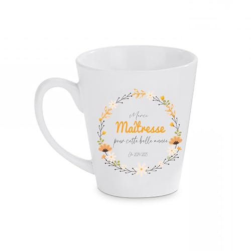 Mug conique “Merci Maîtresse” – Tasse personnalisée 325 ml – Cadeau fin d’année scolaire – Motif floral – Texte & année personnalisables