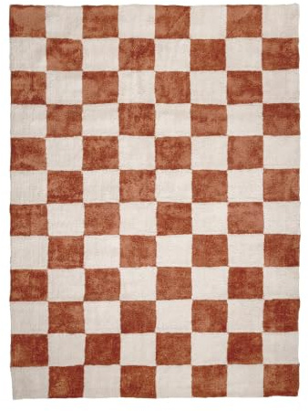 FRAAI | Home & Living Teppich Kariert - Blox Terracotta Weiß - 80x150 cm | Baumwolle, Polyester - Hochflor - Blöcke, Kariert - Waschbar in Waschmaschine - Modern - Wohnzimmer, Schlafzimmer, Büro