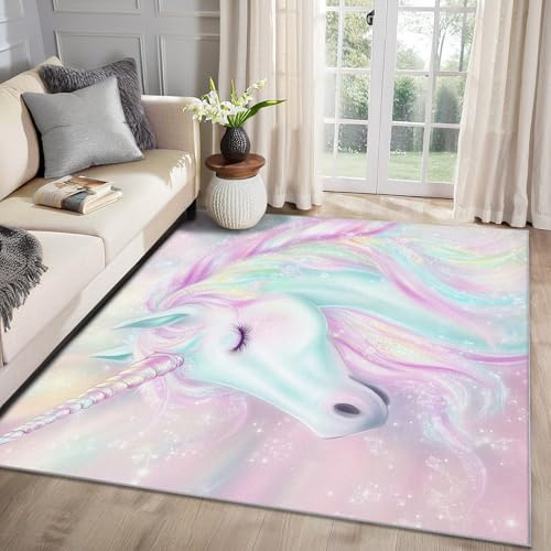 MMYAOKEN Einhorn Teppich Wohnzimmer 140x200 Mädchen Regenbogen Deko, Teppich Kurzflor, Weich rutschfest Waschbare Teppiche, Bettvorleger Schlafzimmer Kinderzimmer