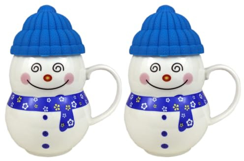 Christmas Cup Snowman Ceramic Coffee Mug with Lid Hot Cold Drink Festive Ornament Tableware Teacup (2X Blue)