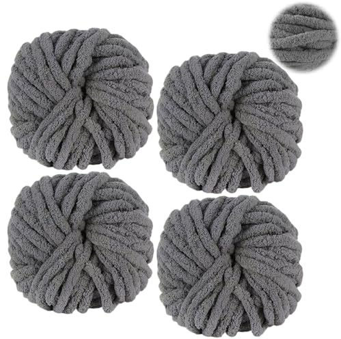 Yoller Dicke Wolle 4 Stück 1000g, Chunky Yarn zum Handstricken, XXL Grobstrick Weiches Wollgarn, zum Häkeln für Decke, Schals, Mützen, Haustier Nest, Zierkissen, Grau
