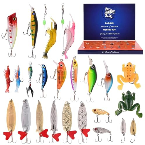 Adventskalender Angeln – 24 Tage Countdown Realistische Köder | Weihnachtsgeschenk Fischer Köder für Forelle Barsch Waller Gold Lachs – Weihnachtsgeschenk Erwachsene Angeln im Teich Fluss Meer Surf