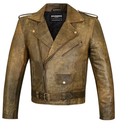 Bohmberg Herren Lederjacke Anilinleder Rockabilly Chopper Retro Biker Leder Jacke Rocker Brandostyle (L)