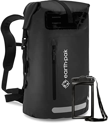 Earth Pak Summit Serie wasserdichter Rucksack, Backpack mit leistungsstarkem Reißverschluss und Rolltop, wasserfester Handyhülle Schwarz 55L