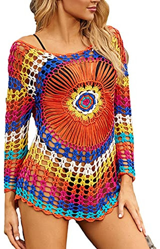 Bsubseach Rainbow Knitted Crochet Beach Cover Up Shirt Tunic Top Women Long Sleeve Hollow Out Bikini Swimwear Bathing Suit Cover Ups