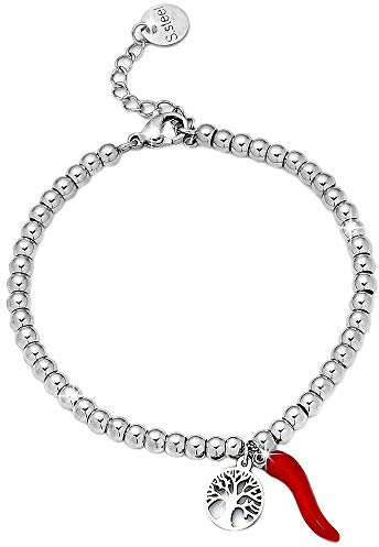 Beloved Bracciale da donna, braccialetto in acciaio con cornetto e sfere in acciaio - chiusura a moschettone - lunghezza regolabile con cornetto portafortuna (Albero della vita)
