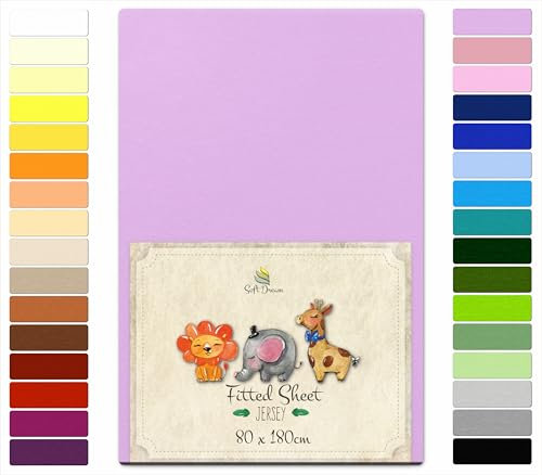 Soft Dream Spannbettlaken 80x180 cm Lila - 100% gekämmte Baumwolle Jersey - Premium Qualität - Spannbetttuch für Kinderbett Juniorbett - OekoTex Zertifiziert - Made in EU - 80x180cm Lila