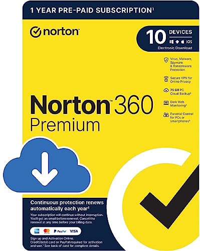 Norton 360 Premium 2025, Antivirus software for 10 Devices and 1-year subscription with automatic renewal, Includes Secure VPN and Password Manager, PC/Mac/iOS/Android, Activation Code by email