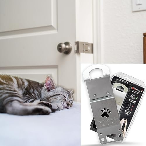 TheDoorLatch Steel Cat Door Strap and Latch, Sturdy Door Holder and Blocker for Keeping Dogs and Kids Out of Rooms, Litter Boxes, and Food, Steel Silver Color Cat Door Latch