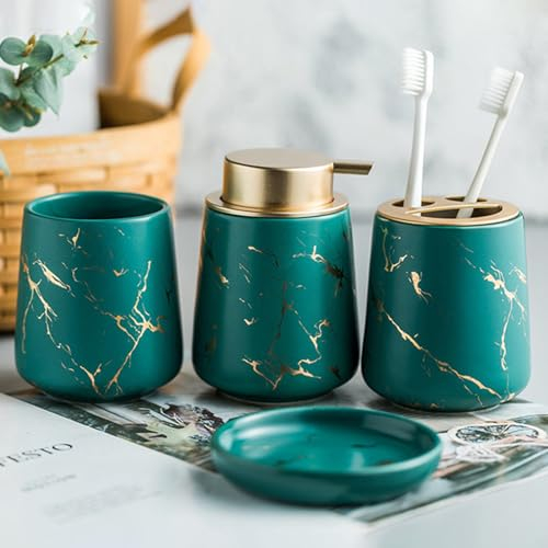 Ceramic Bathroom Accessories Set - 4 Piece Creative Bath Set with Toothbrush Holder, Toothbrush Cup, Soap Dish, Soap Dispenser, Bathroom Counter Accessories Sets(Dark Green)