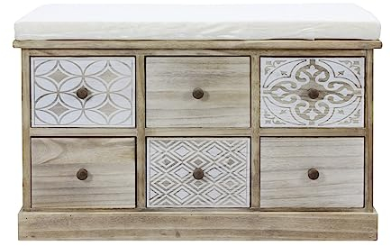 Rebecca Mobili Innenbank, Badezimmerbank, Paulownia Holz, Beige Weiß, Shabby-Stil, gepolsterter Sitz, Eingang - Maße: 49 x 77,5 x 35 cm (HxLxB) - Art. RE6538