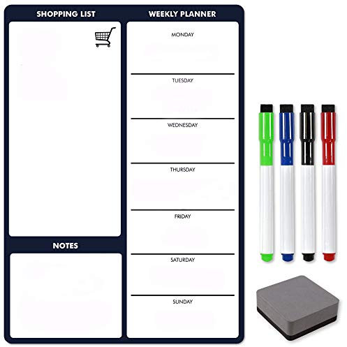 TMS A4 Magnetic Weekly Planner for Fridge, Memo Board, Whiteboard | Dry Wipe Meal Planner, Calendar and Shopping List for Kitchen or Office | Dry Erase Board for Notes and Daily Reminders (Navy, A4)
