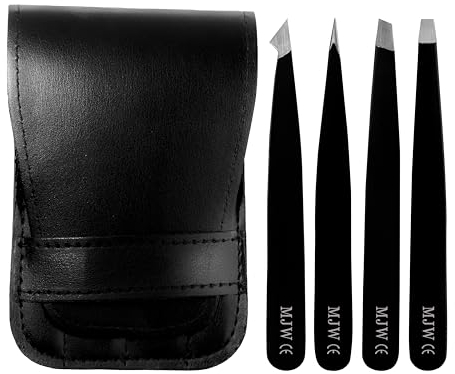 MJW Juego de pinzas para cejas - 4 pinzas negro de acero inoxidable para depilar las cejas pinzas de precisión ideales para eliminar el vello facial y encarnado para hombres y mujeres